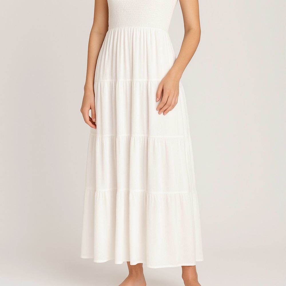 Tiered Dress SZ M White Maxi Beachy Smocked Ruffle Cottagecore Resort Fairycore - Picture 2 of 16